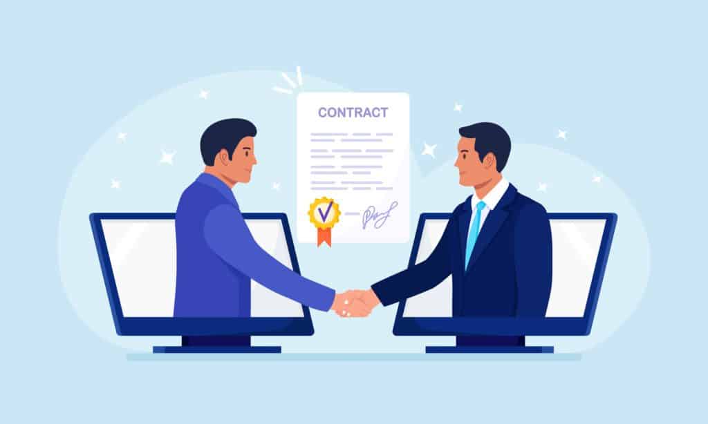 Virtual deal with distant agreement. Businessmen talk through computer and shake hands. Online communication and business meeting, video call. Remote conclusion of the transaction, signing contract