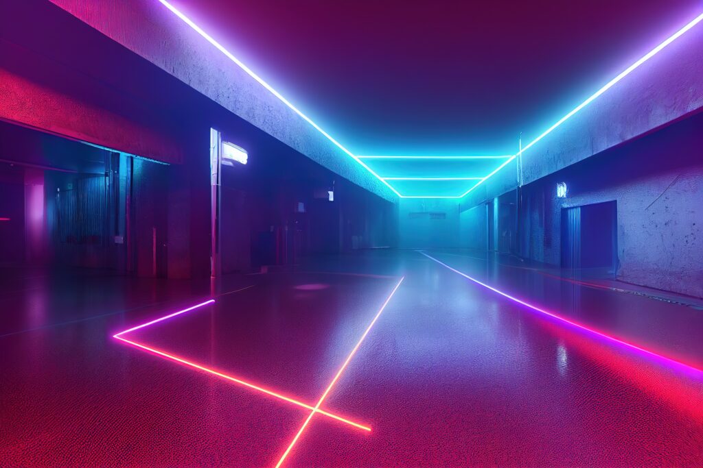 Modern empty futuristic room in neon cyberpunk style. Realistic cinematic light. Template, layout of cyber, premises, rooms. Room with neon pink rays on the floor 3D illustration