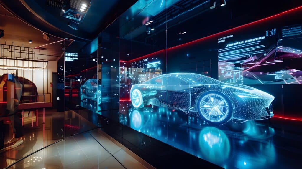 A luxury car showroom showcases the latest model using a 3D hologram, providing customers an interactive and engaging way to explore the vehicle's features and design details.